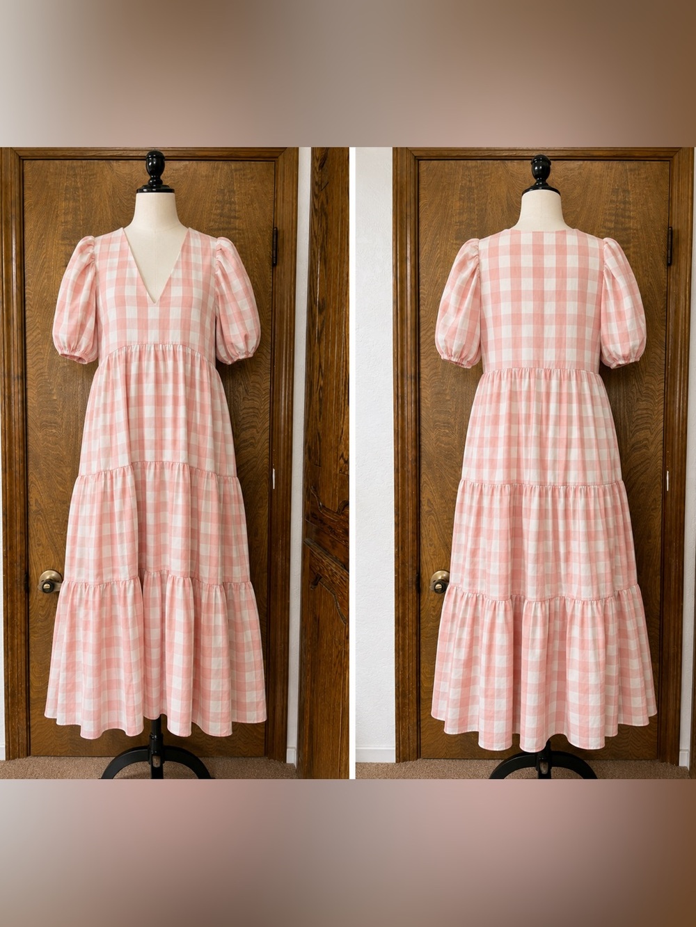 English Factory Dress Medium Gingham Pink Midi puff sleeve cottagecore tiered